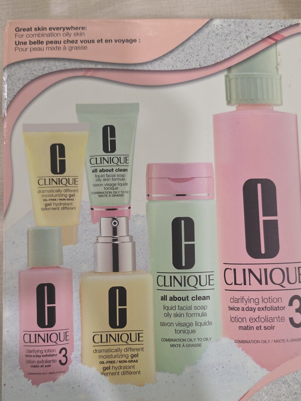 Clinique Skincare Set - Pink, Pastel Green & Pale Yellow